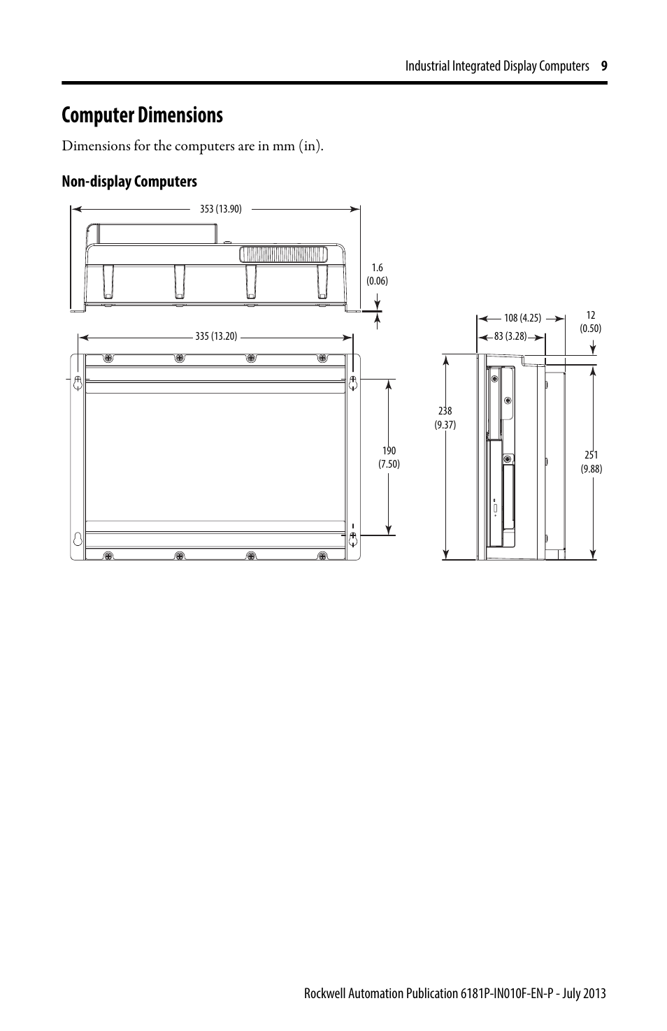 Computer dimensions, Non-display computers | Rockwell Automation 6181F_P Series E Integrated Display Computers Installation Instructions User Manual | Page 9 / 24