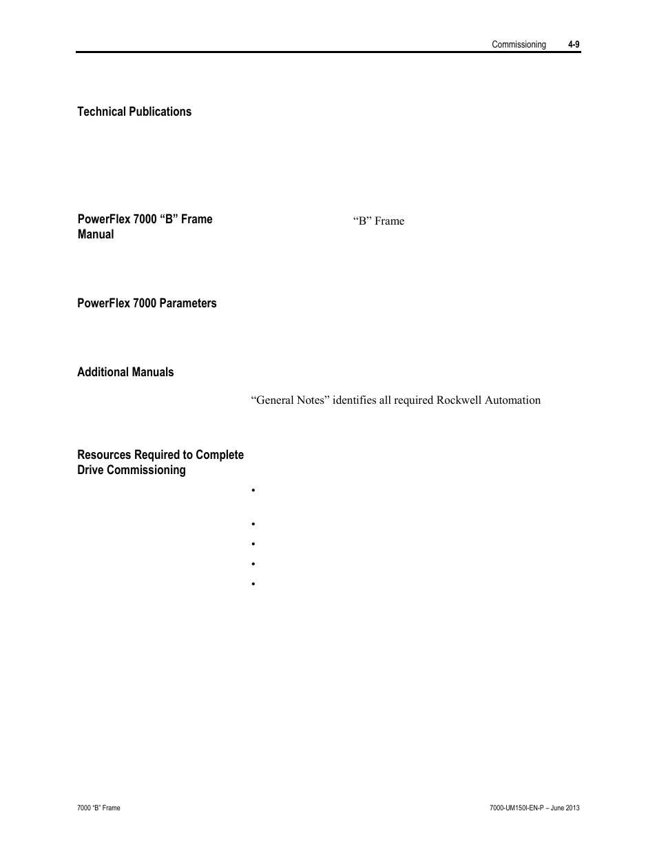 Technical publications, Powerflex 7000 “b” framemanual, Powerflex 7000 parameters | Additional manuals, Resources required to complete drive commissioning | Rockwell Automation 7000 PowerFlex Medium Voltage AC Drive (B Frame) - Classic Control User Manual | Page 168 / 495