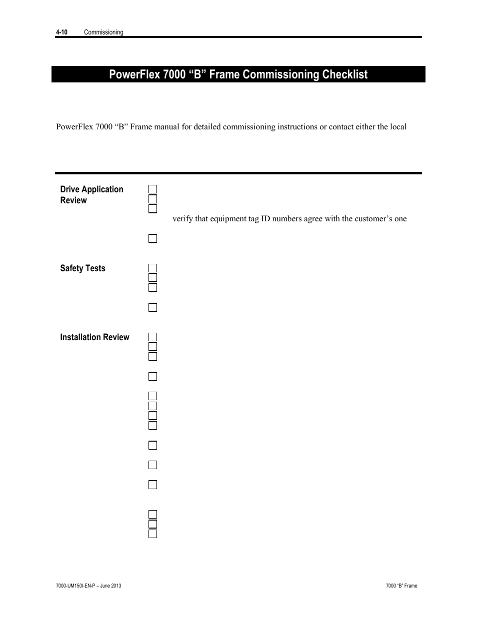 Powerflex 7000 “b” frame commissioning checklist | Rockwell Automation 7000 PowerFlex Medium Voltage AC Drive (B Frame) - Classic Control User Manual | Page 169 / 495