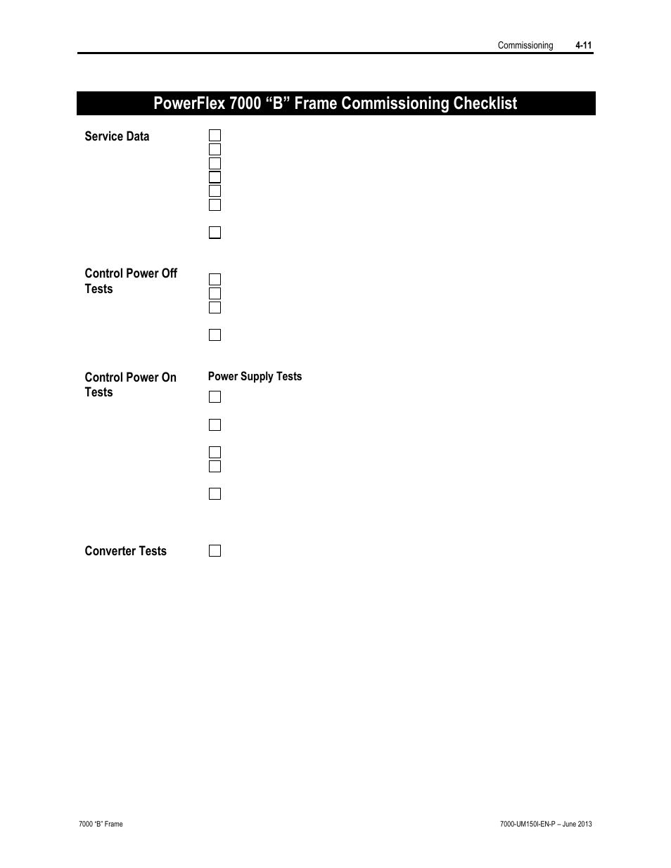 Powerflex 7000 “b” frame commissioning checklist | Rockwell Automation 7000 PowerFlex Medium Voltage AC Drive (B Frame) - Classic Control User Manual | Page 170 / 495