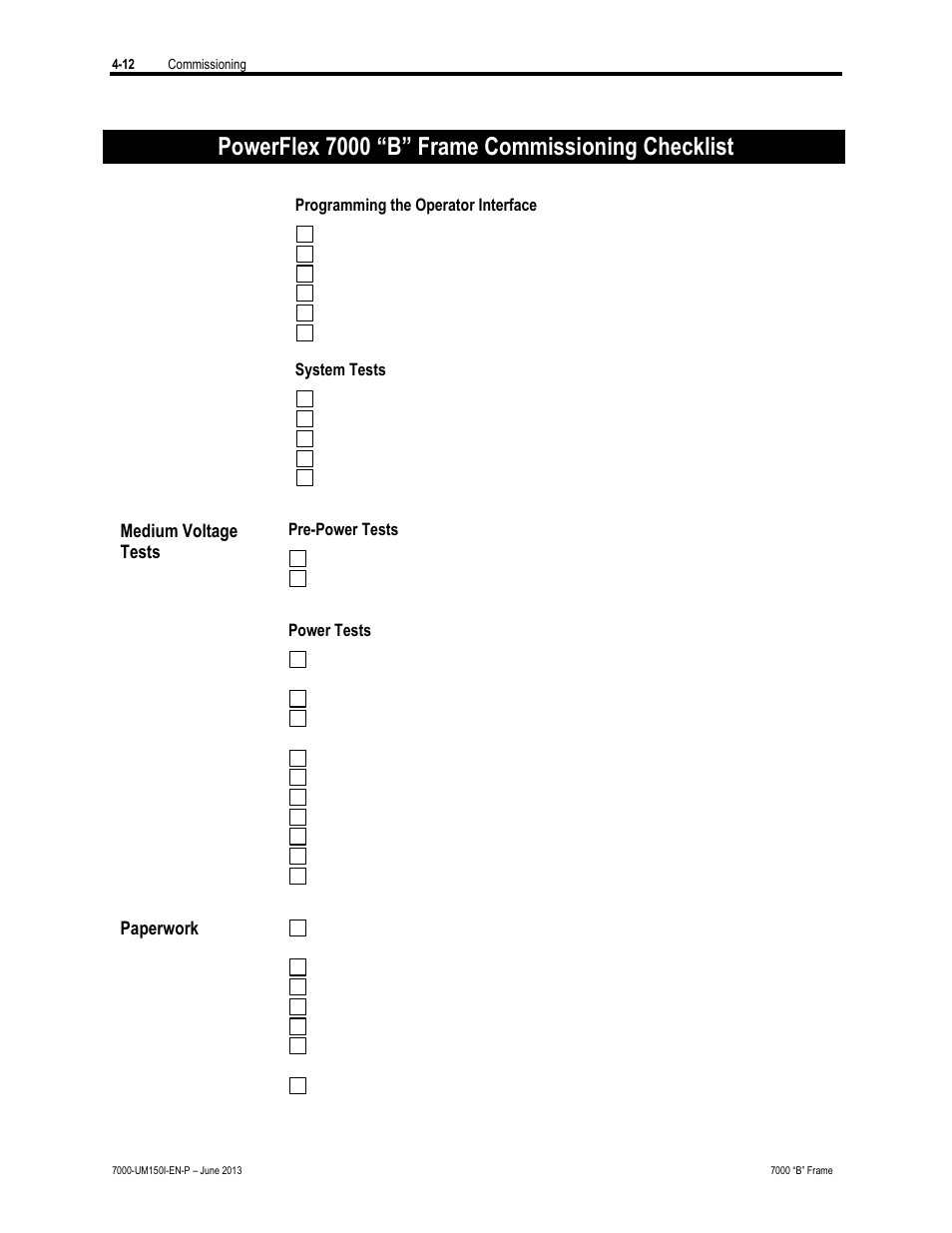 Powerflex 7000 “b” frame commissioning checklist | Rockwell Automation 7000 PowerFlex Medium Voltage AC Drive (B Frame) - Classic Control User Manual | Page 171 / 495