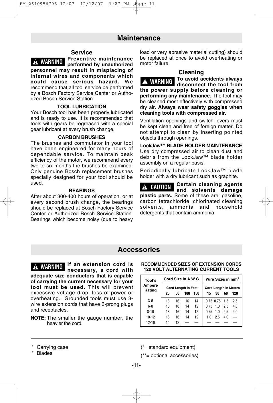 Maintenance accessories, Service, Cleaning | Warning, Caution | Bosch RS35 User Manual | Page 11 / 32