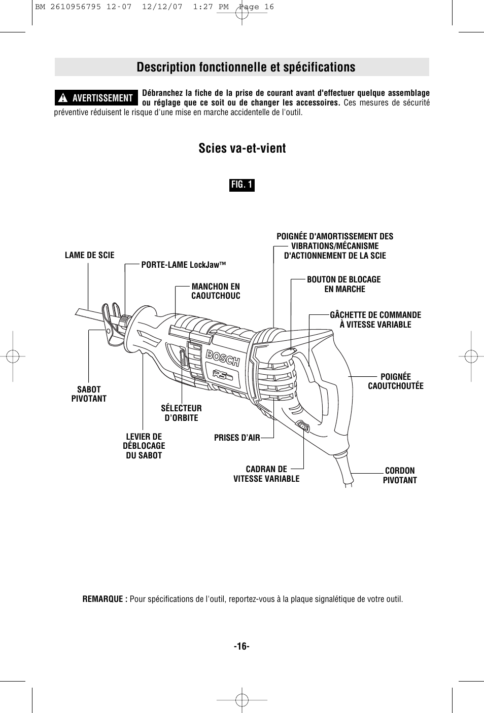 Description fonctionnelle et spécifications, Scies va-et-vient | Bosch RS35 User Manual | Page 16 / 32