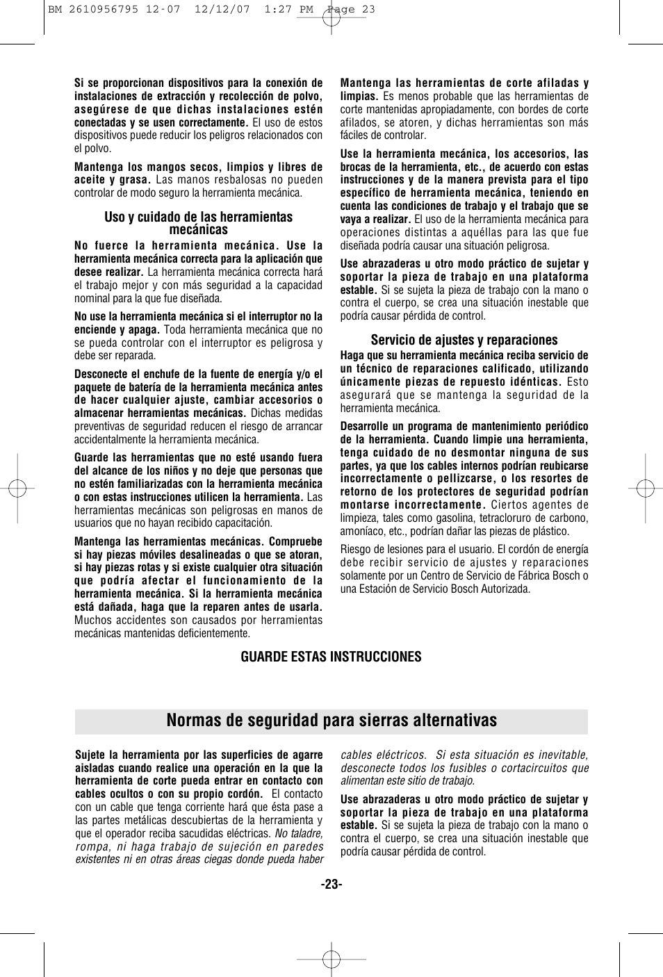 Normas de seguridad para sierras alternativas | Bosch RS35 User Manual | Page 23 / 32