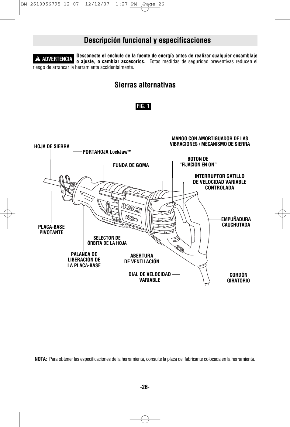 Descripción funcional y especificaciones, Sierras alternativas | Bosch RS35 User Manual | Page 26 / 32