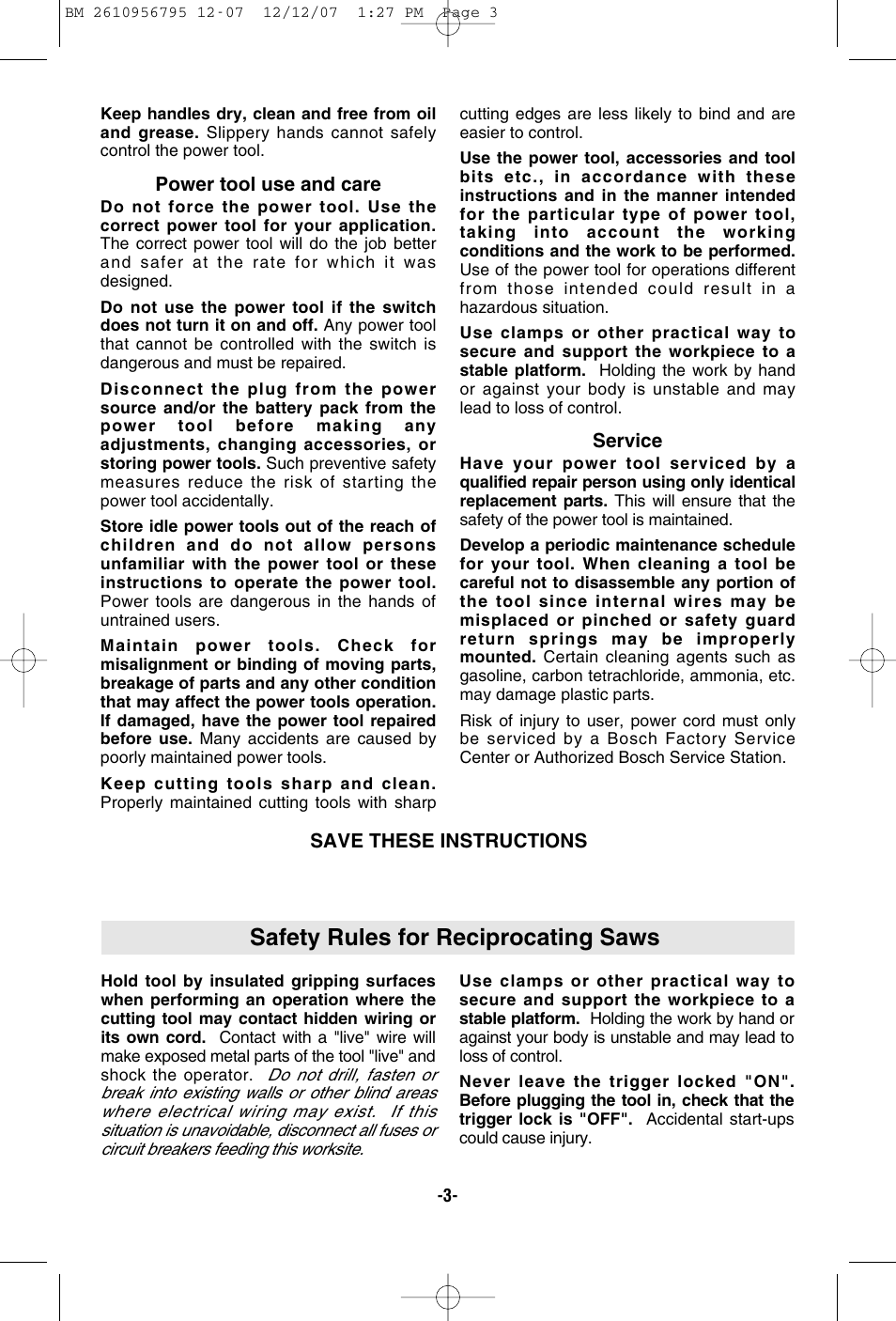 Safety rules for reciprocating saws | Bosch RS35 User Manual | Page 3 / 32