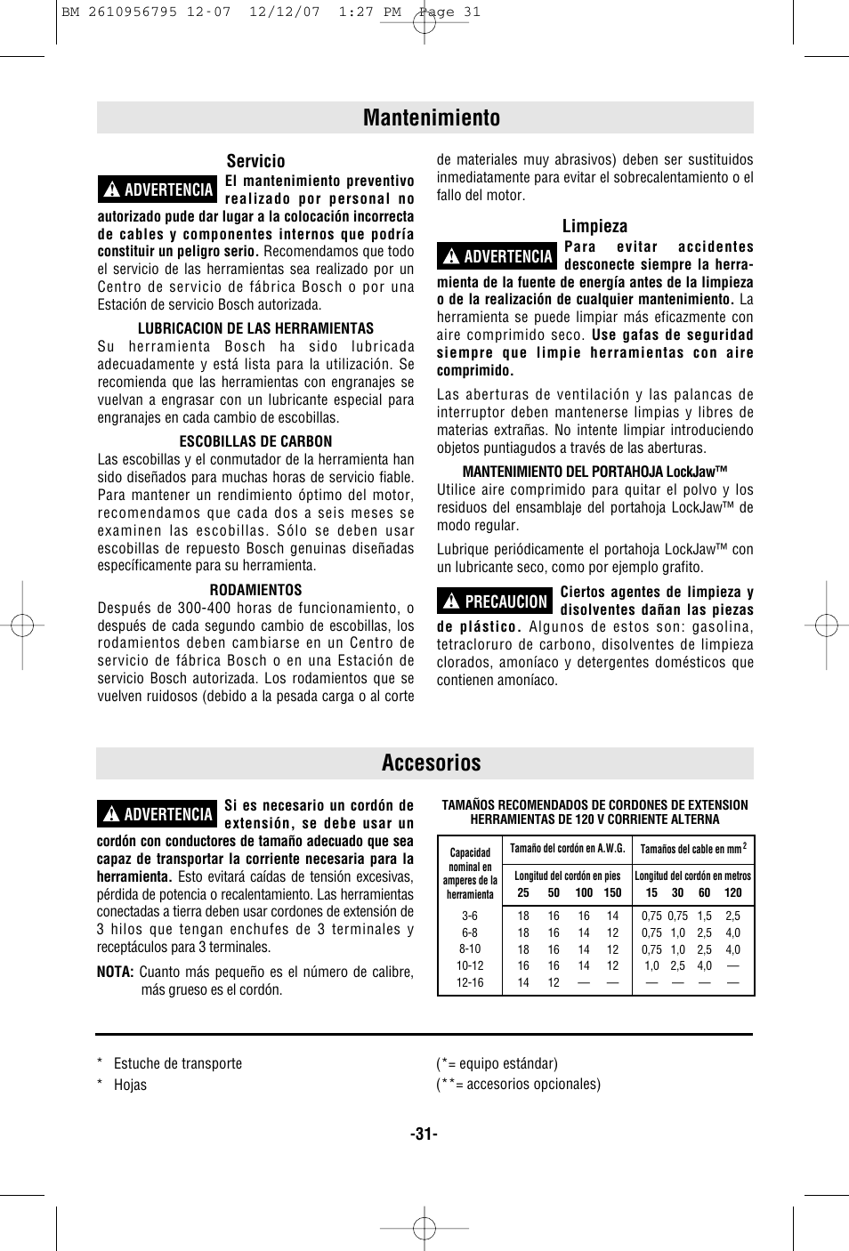 Mantenimiento accesorios, Servicio, Limpieza | Bosch RS35 User Manual | Page 31 / 32