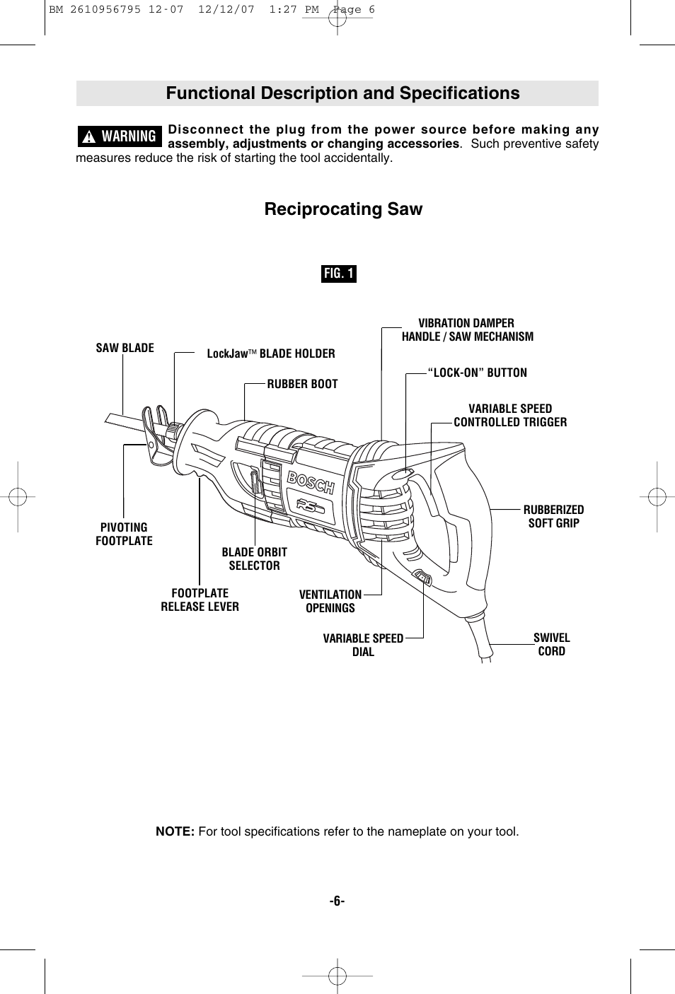 Functional description and specifications, Reciprocating saw | Bosch RS35 User Manual | Page 6 / 32