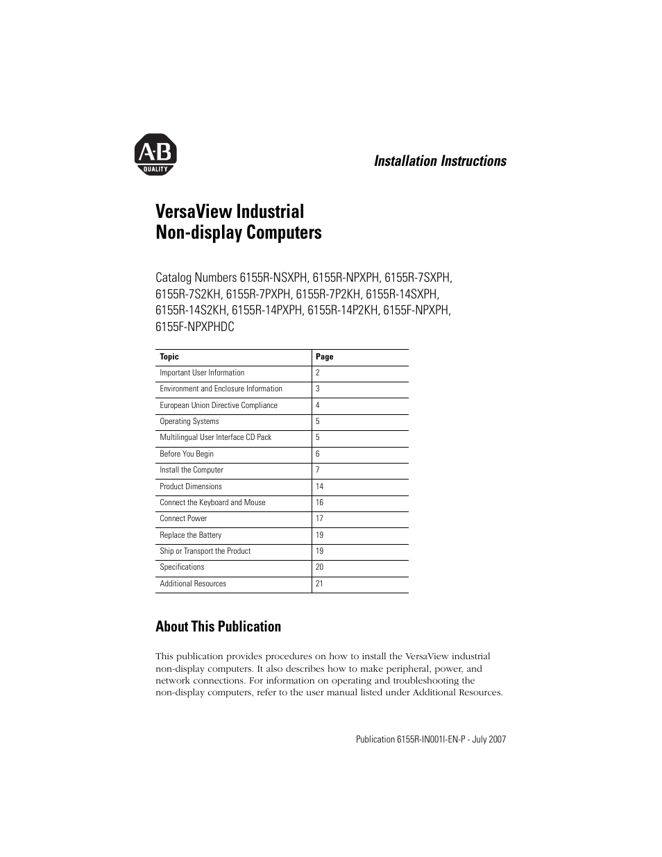 Rockwell Automation 6155R 200R VersaView Industrial Non-display Computers User Manual | 24 pages