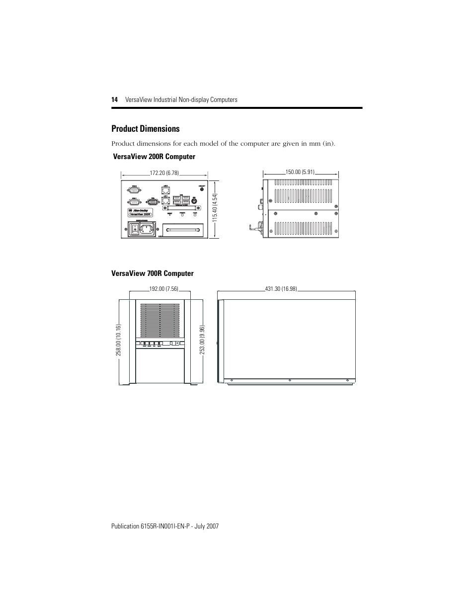 Product dimensions | Rockwell Automation 6155R 200R VersaView Industrial Non-display Computers User Manual | Page 14 / 24