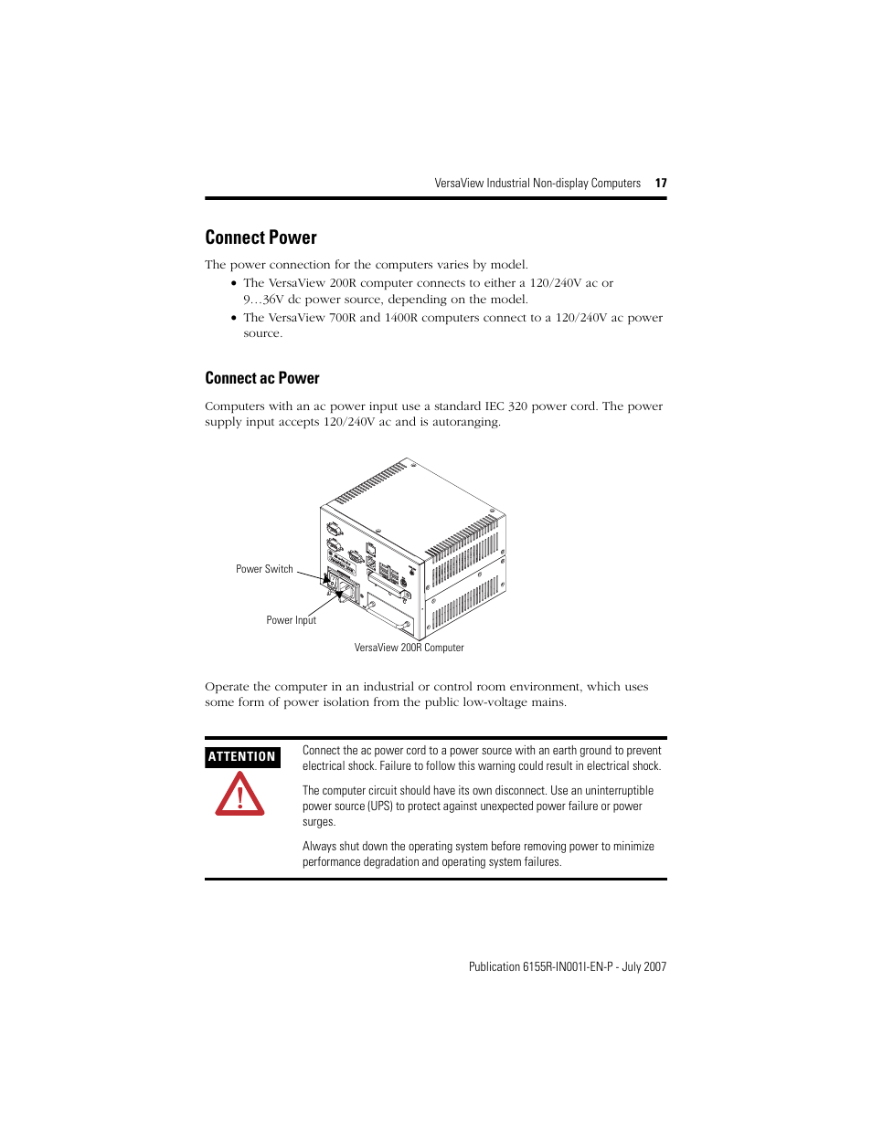 Connect power, Connect ac power | Rockwell Automation 6155R 200R VersaView Industrial Non-display Computers User Manual | Page 17 / 24