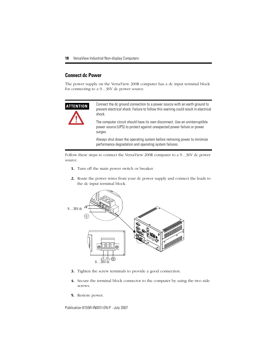 Connect dc power | Rockwell Automation 6155R 200R VersaView Industrial Non-display Computers User Manual | Page 18 / 24