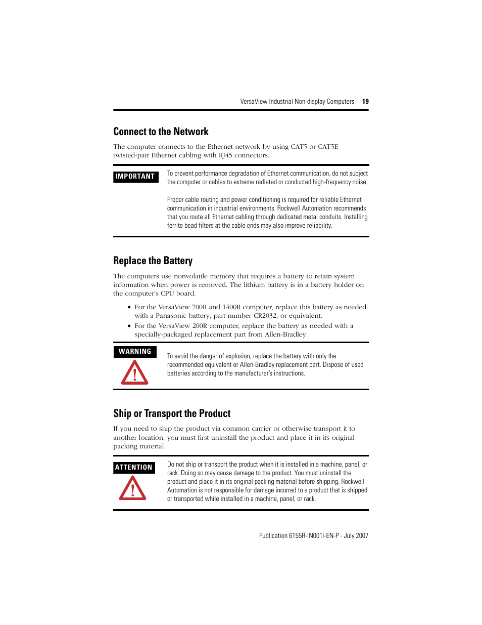 Connect to the network, Replace the battery, Ship or transport the product | Rockwell Automation 6155R 200R VersaView Industrial Non-display Computers User Manual | Page 19 / 24
