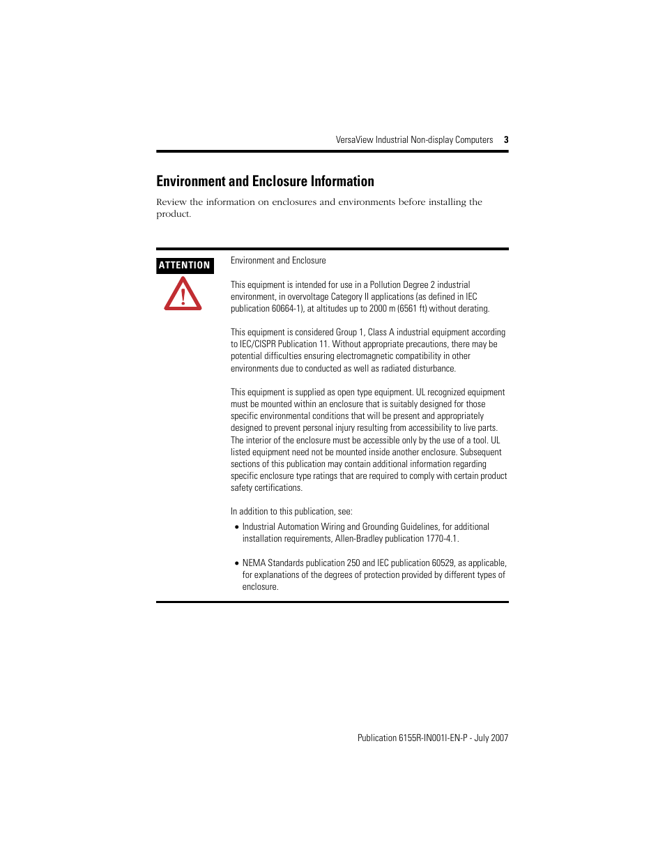 Environment and enclosure information | Rockwell Automation 6155R 200R VersaView Industrial Non-display Computers User Manual | Page 3 / 24