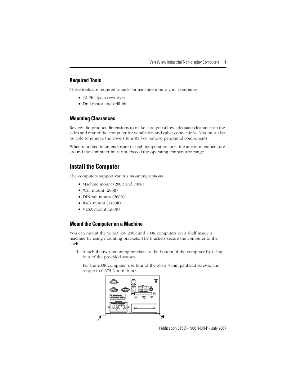 Required tools, Mounting clearances, Install the computer | Mount the computer on a machine | Rockwell Automation 6155R 200R VersaView Industrial Non-display Computers User Manual | Page 7 / 24