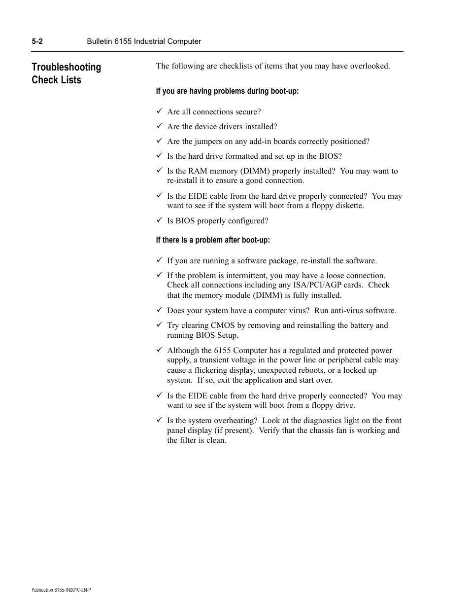 Troubleshooting check lists | Rockwell Automation 6155 Industrial Computer Installation User Manual | Page 18 / 27