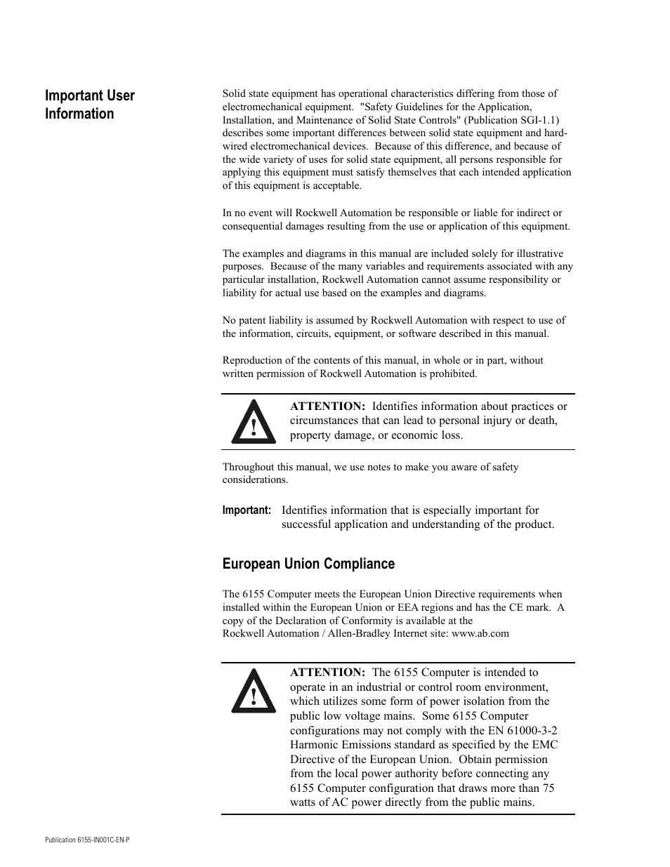 Important user information, European union compliance | Rockwell Automation 6155 Industrial Computer Installation User Manual | Page 2 / 27