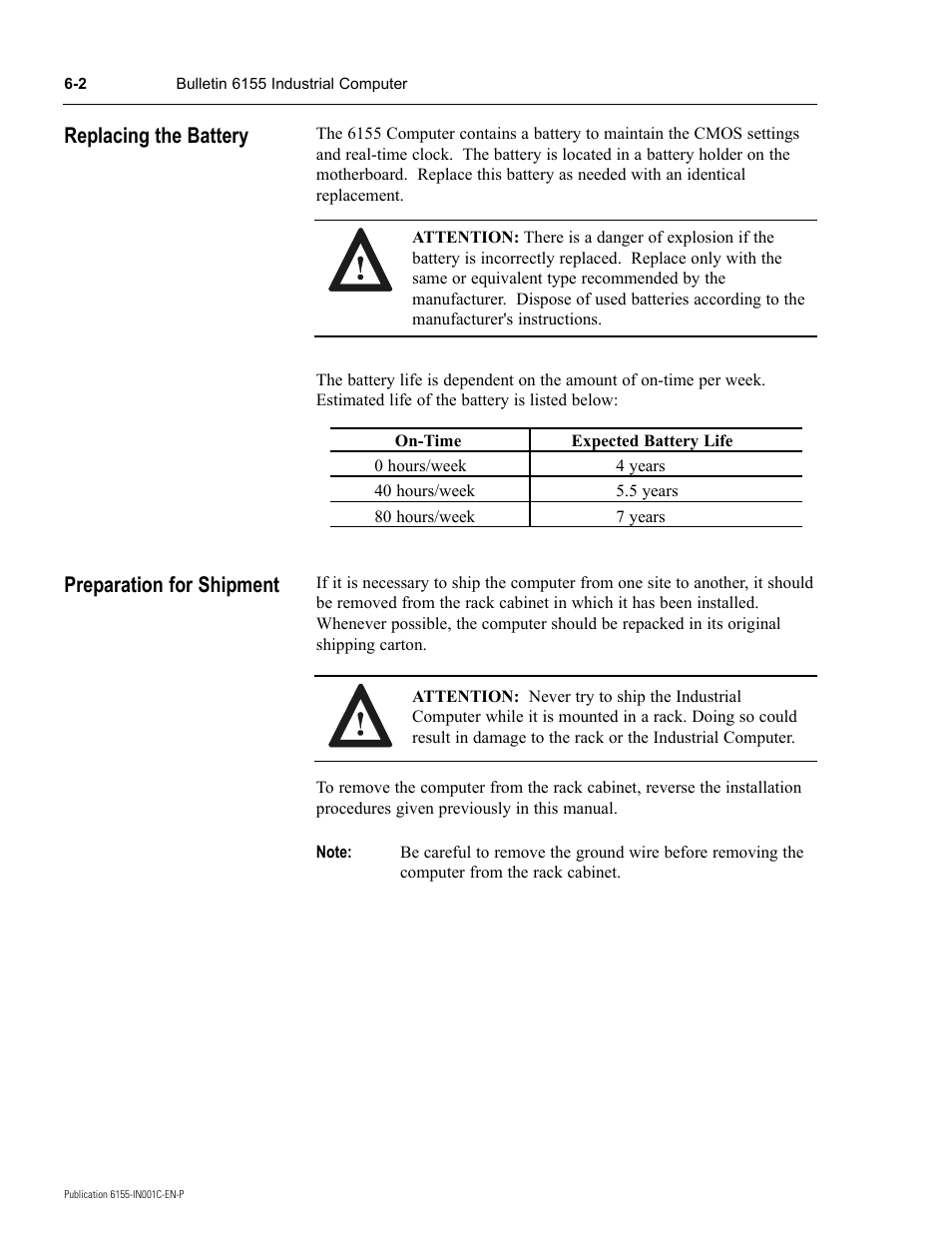 Preparation for shipment, Replacing the battery | Rockwell Automation 6155 Industrial Computer Installation User Manual | Page 22 / 27