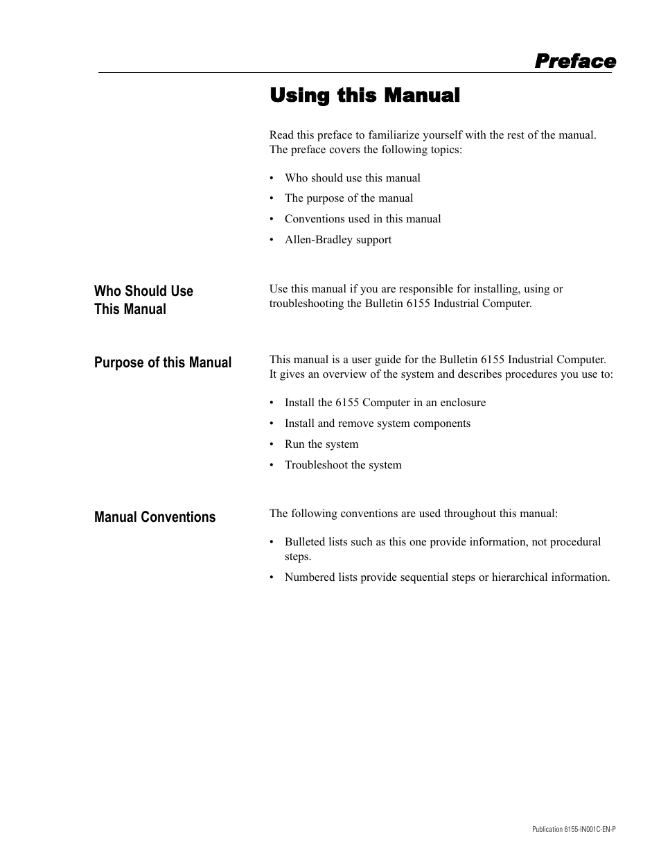 Preface, Preface using this manual | Rockwell Automation 6155 Industrial Computer Installation User Manual | Page 5 / 27