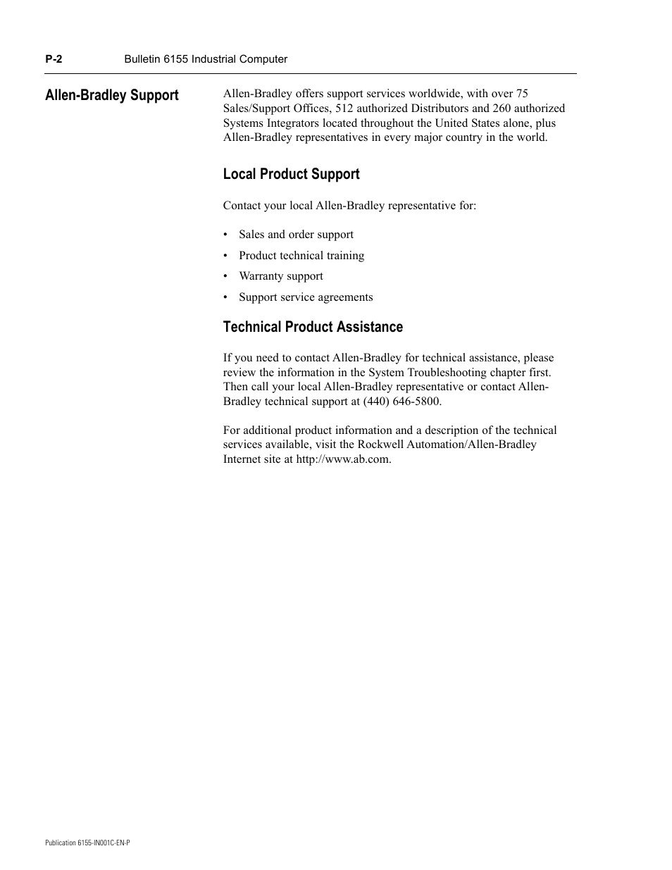 Local product support, Technical product assistance, Allen-bradley support | Rockwell Automation 6155 Industrial Computer Installation User Manual | Page 6 / 27