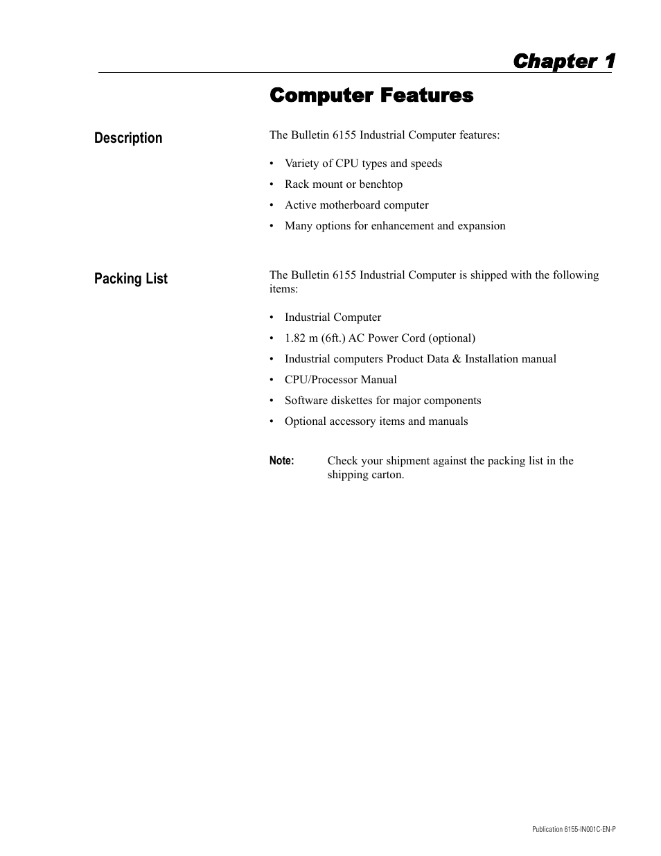 1 - computer features, Chapter 1 computer features | Rockwell Automation 6155 Industrial Computer Installation User Manual | Page 7 / 27