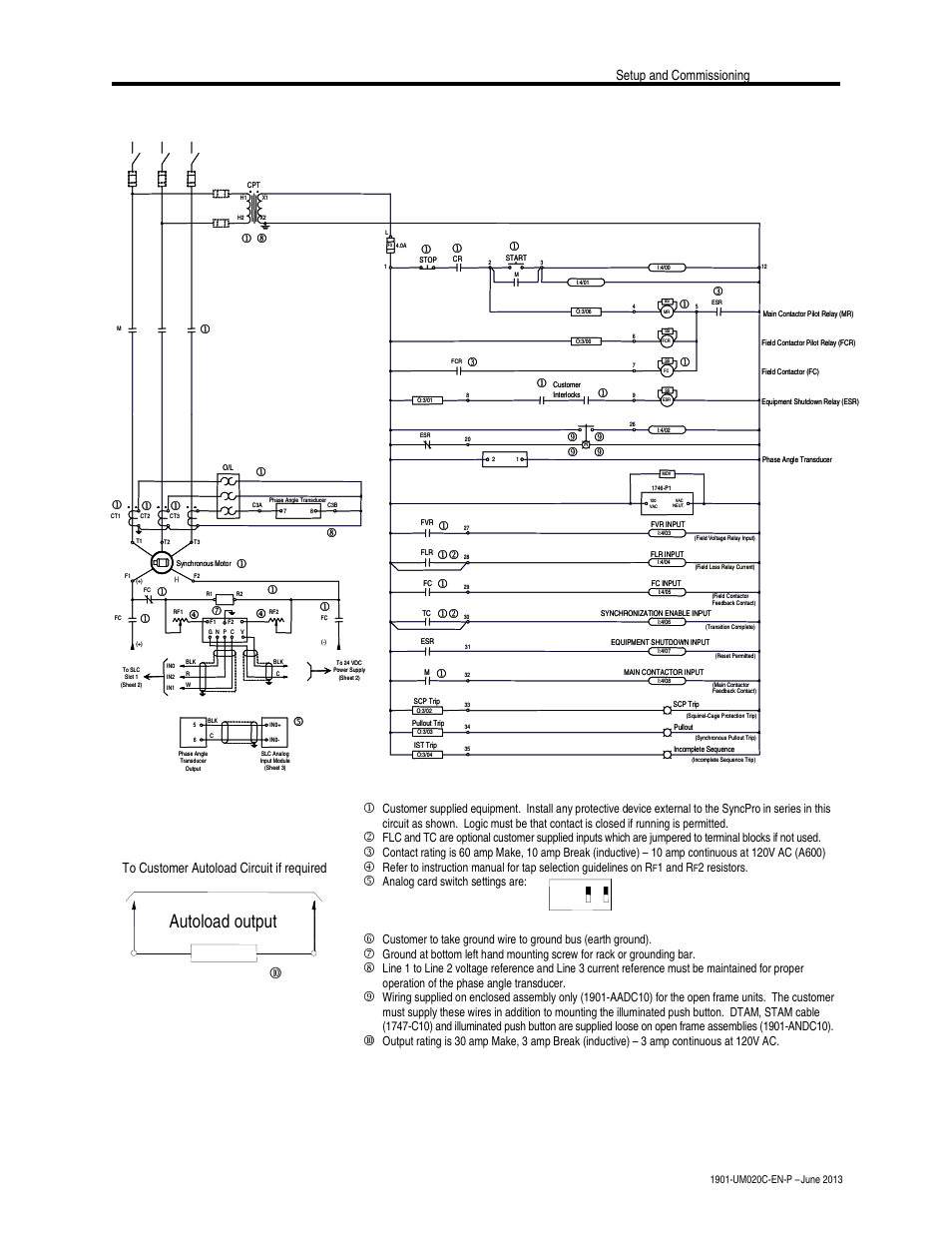 Autoload output, Figure 4.2 – typical schematic (sheet 1 of 3), O:3/07 | 8o:3/07, Setup and commissioning 4-9, 2 1 on off, 1 and r, 2 resistors, Analog card switch settings are | Rockwell Automation 1901 SyncPro User Manual | Page 35 / 54
