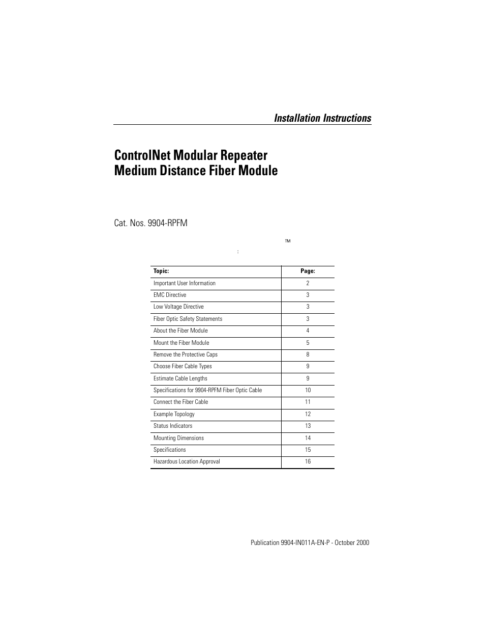 Rockwell Automation 9904-RPFM ControlNet Modular Repeater Medium-distance Fiber Module Installation Instructio User Manual | 16 pages