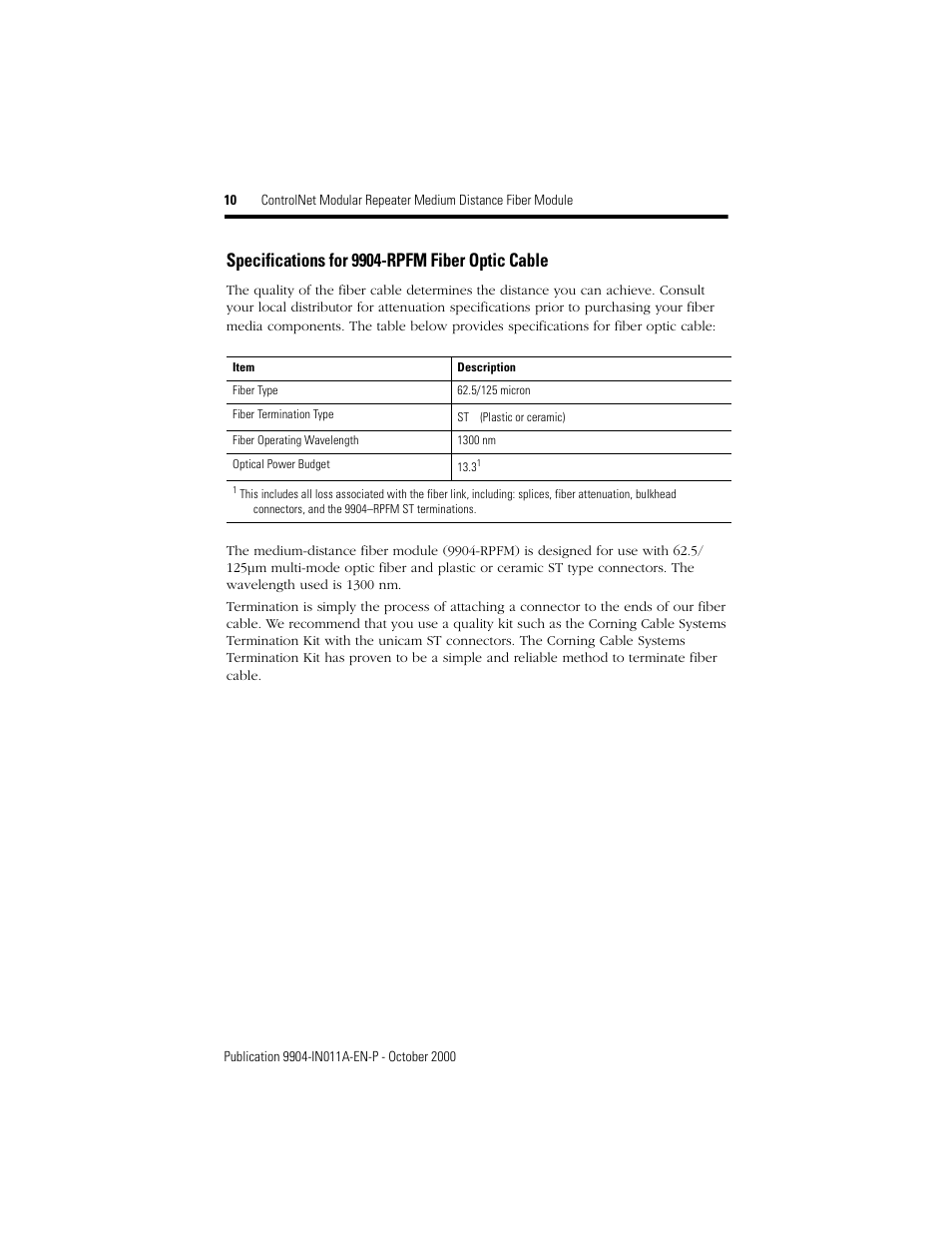 Specifications for 9904-rpfm fiber optic cable | Rockwell Automation 9904-RPFM ControlNet Modular Repeater Medium-distance Fiber Module Installation Instructio User Manual | Page 10 / 16