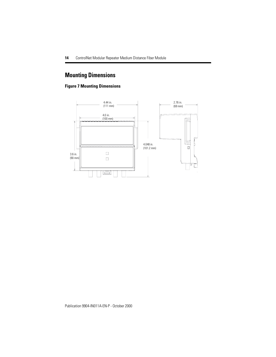 Mounting dimensions | Rockwell Automation 9904-RPFM ControlNet Modular Repeater Medium-distance Fiber Module Installation Instructio User Manual | Page 14 / 16