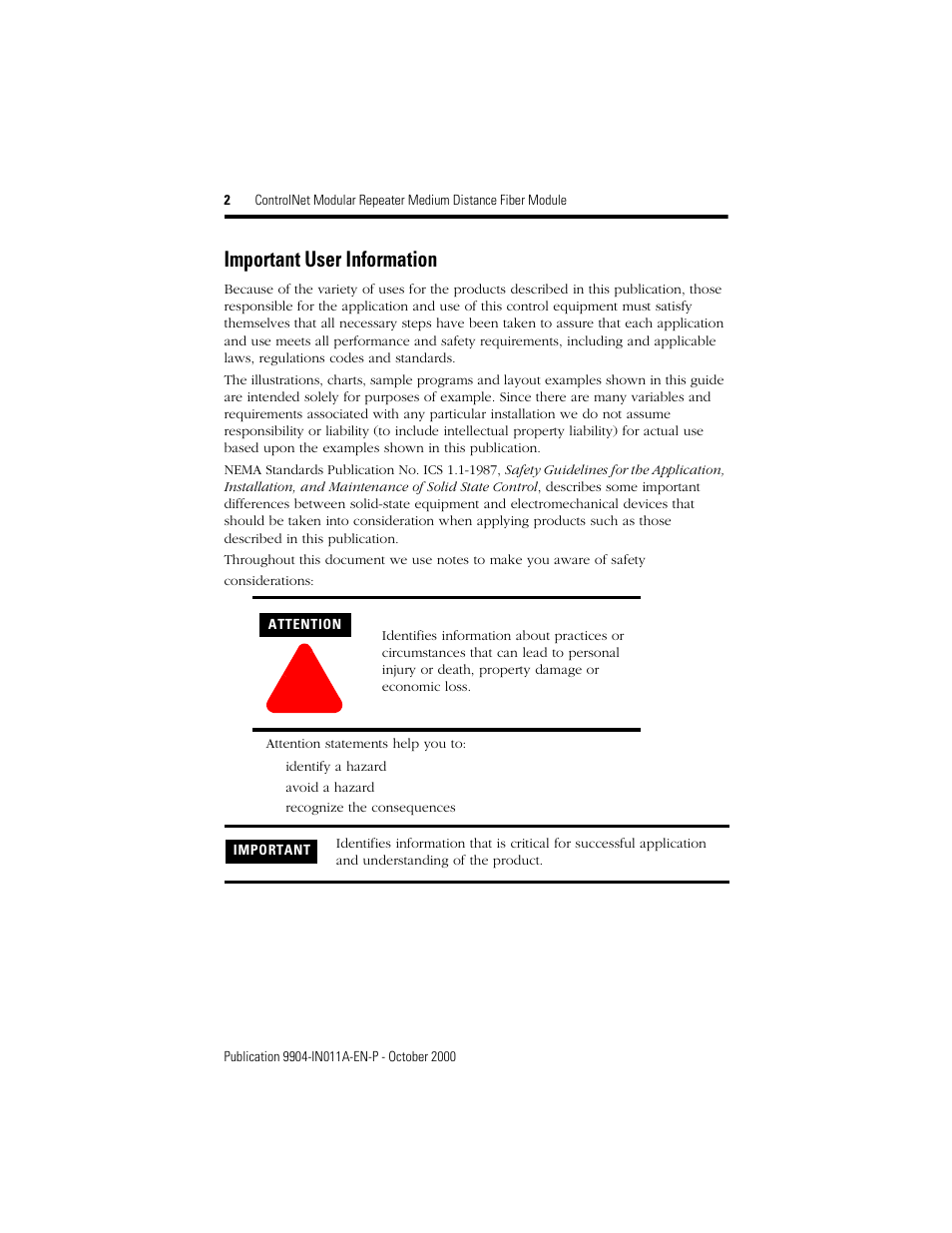 Important user information | Rockwell Automation 9904-RPFM ControlNet Modular Repeater Medium-distance Fiber Module Installation Instructio User Manual | Page 2 / 16