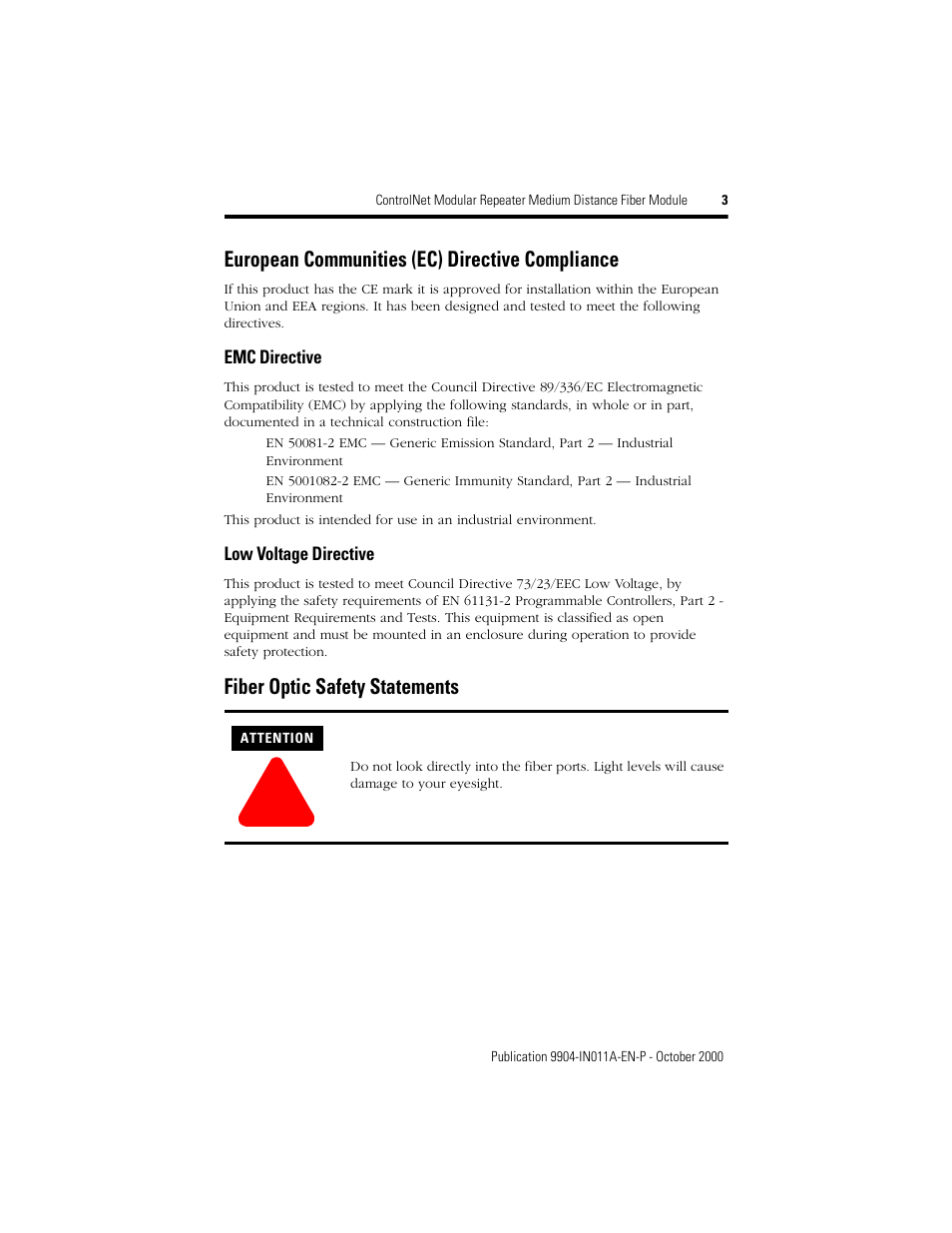 European communities (ec) directive compliance, Fiber optic safety statements, Emc directive | Low voltage directive | Rockwell Automation 9904-RPFM ControlNet Modular Repeater Medium-distance Fiber Module Installation Instructio User Manual | Page 3 / 16