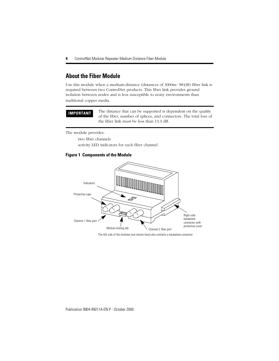 About the fiber module | Rockwell Automation 9904-RPFM ControlNet Modular Repeater Medium-distance Fiber Module Installation Instructio User Manual | Page 4 / 16