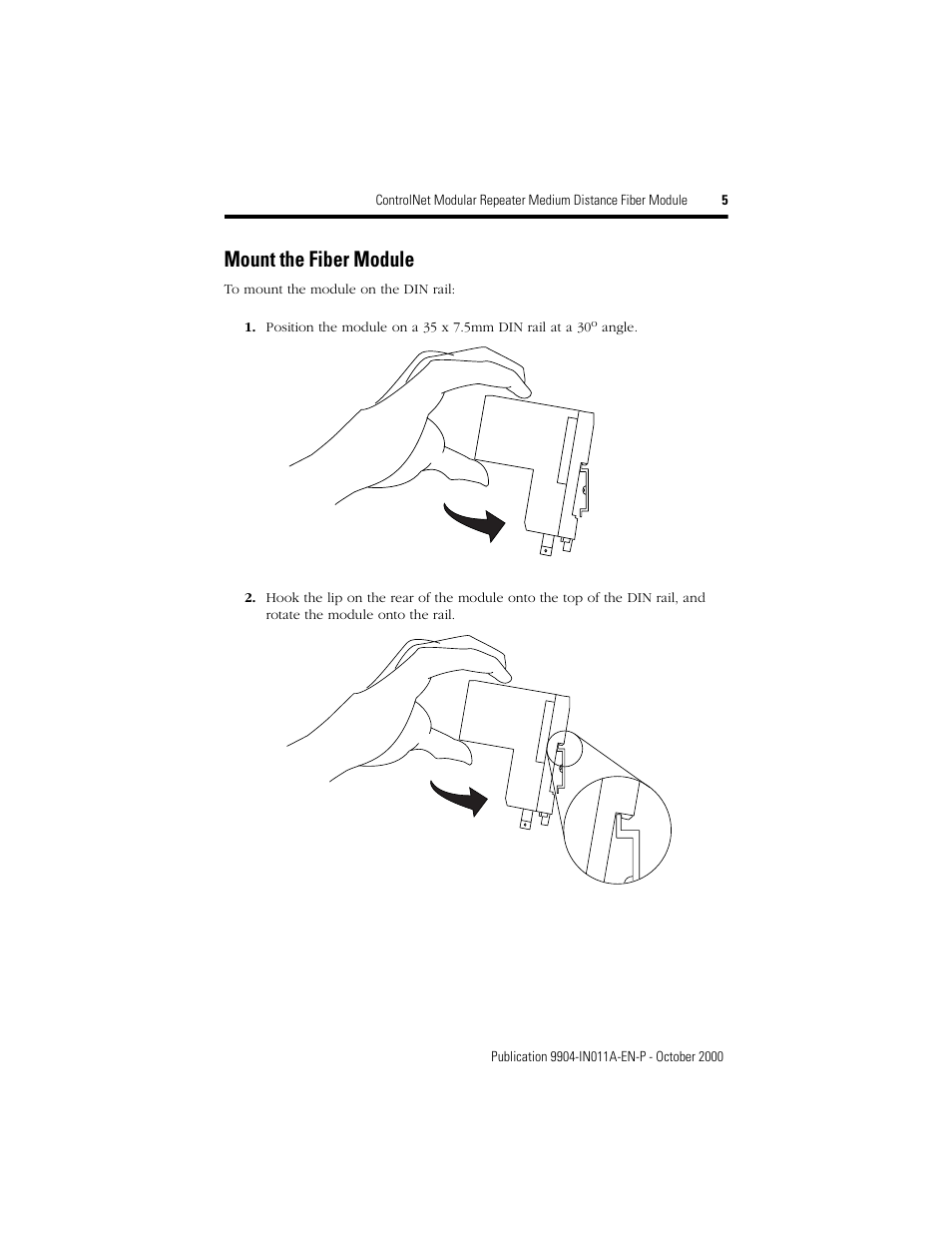 Mount the fiber module | Rockwell Automation 9904-RPFM ControlNet Modular Repeater Medium-distance Fiber Module Installation Instructio User Manual | Page 5 / 16