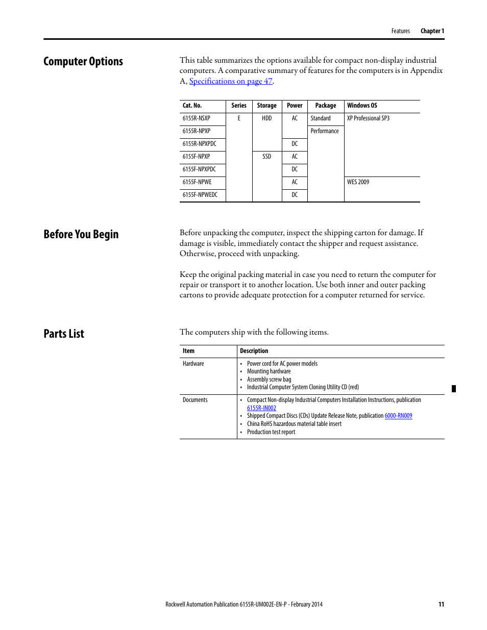 Computer options, Before you begin, Parts list | Computer options before you begin parts list | Rockwell Automation 6155F-NPWEDC Compact Non-display Computer User Manual | Page 11 / 56