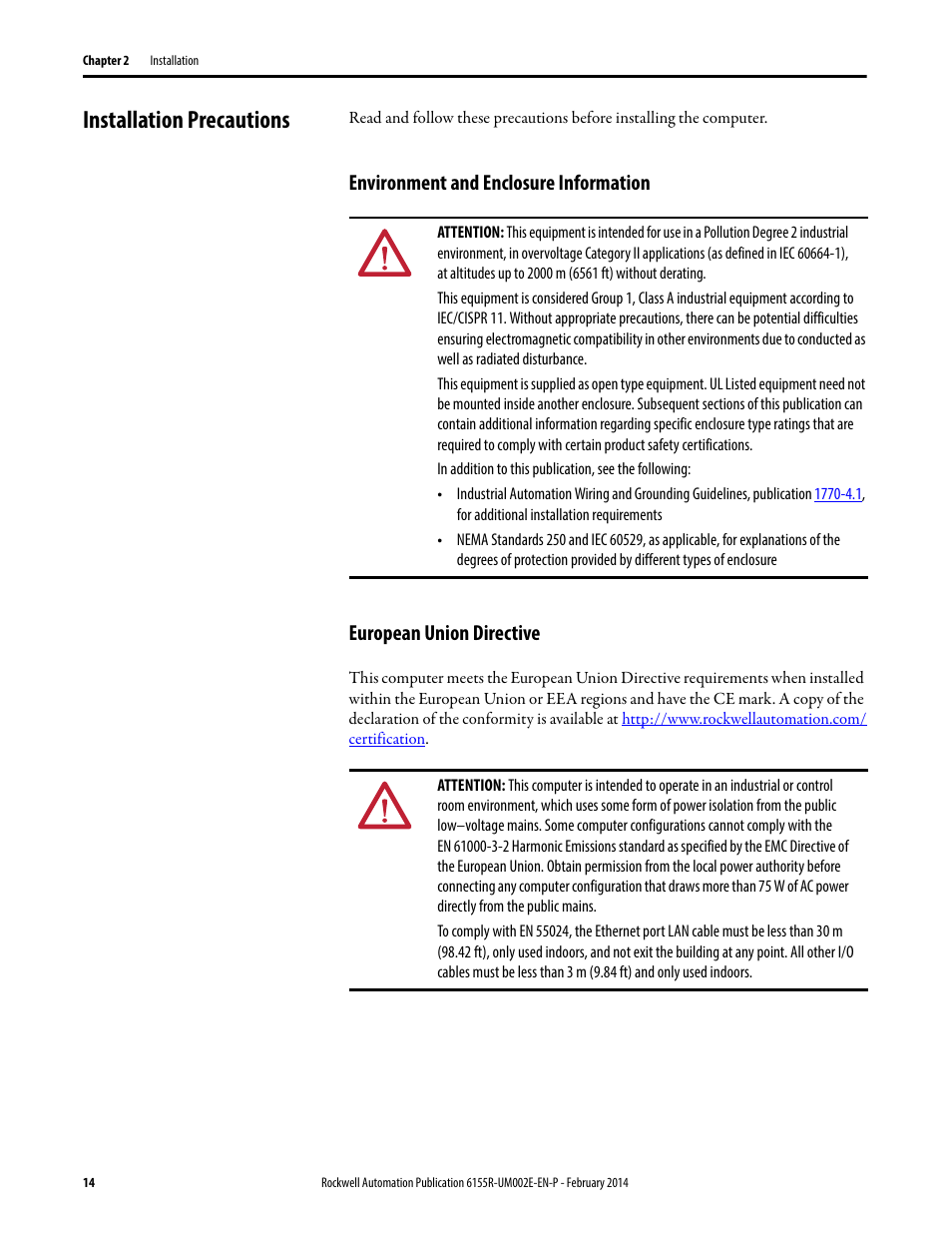 Installation precautions, Environment and enclosure information, European union directive | Rockwell Automation 6155F-NPWEDC Compact Non-display Computer User Manual | Page 14 / 56