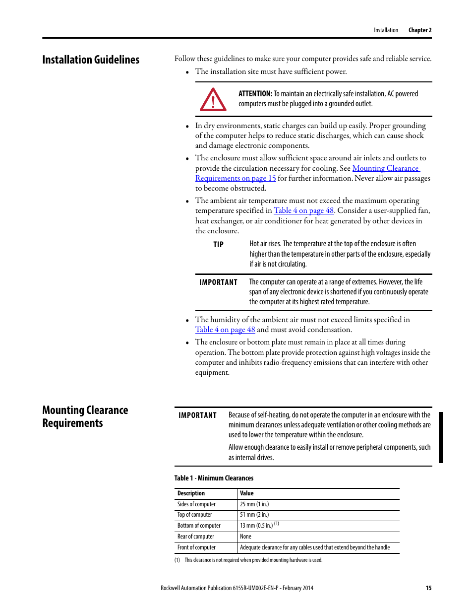 Installation guidelines, Mounting clearance requirements | Rockwell Automation 6155F-NPWEDC Compact Non-display Computer User Manual | Page 15 / 56
