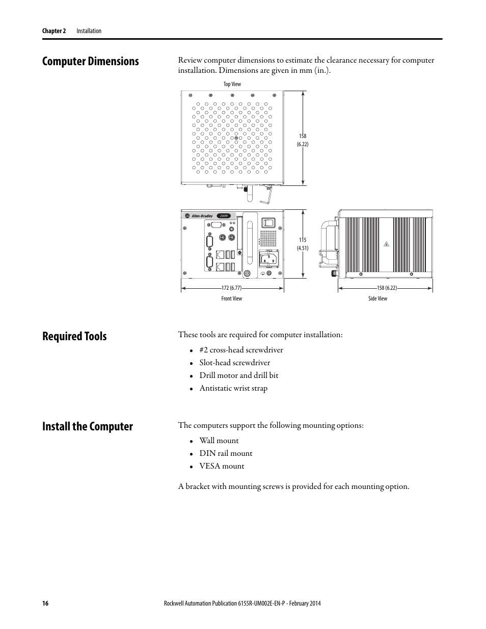 Computer dimensions, Required tools, Install the computer | Rockwell Automation 6155F-NPWEDC Compact Non-display Computer User Manual | Page 16 / 56