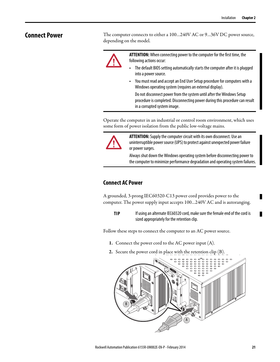 Connect power, Connect ac power | Rockwell Automation 6155F-NPWEDC Compact Non-display Computer User Manual | Page 21 / 56