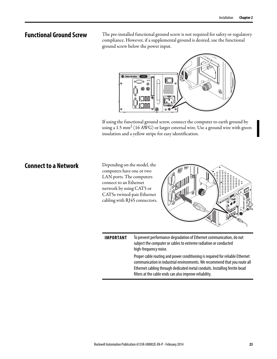 Functional ground screw, Connect to a network, Functional ground screw connect to a network | Rockwell Automation 6155F-NPWEDC Compact Non-display Computer User Manual | Page 23 / 56