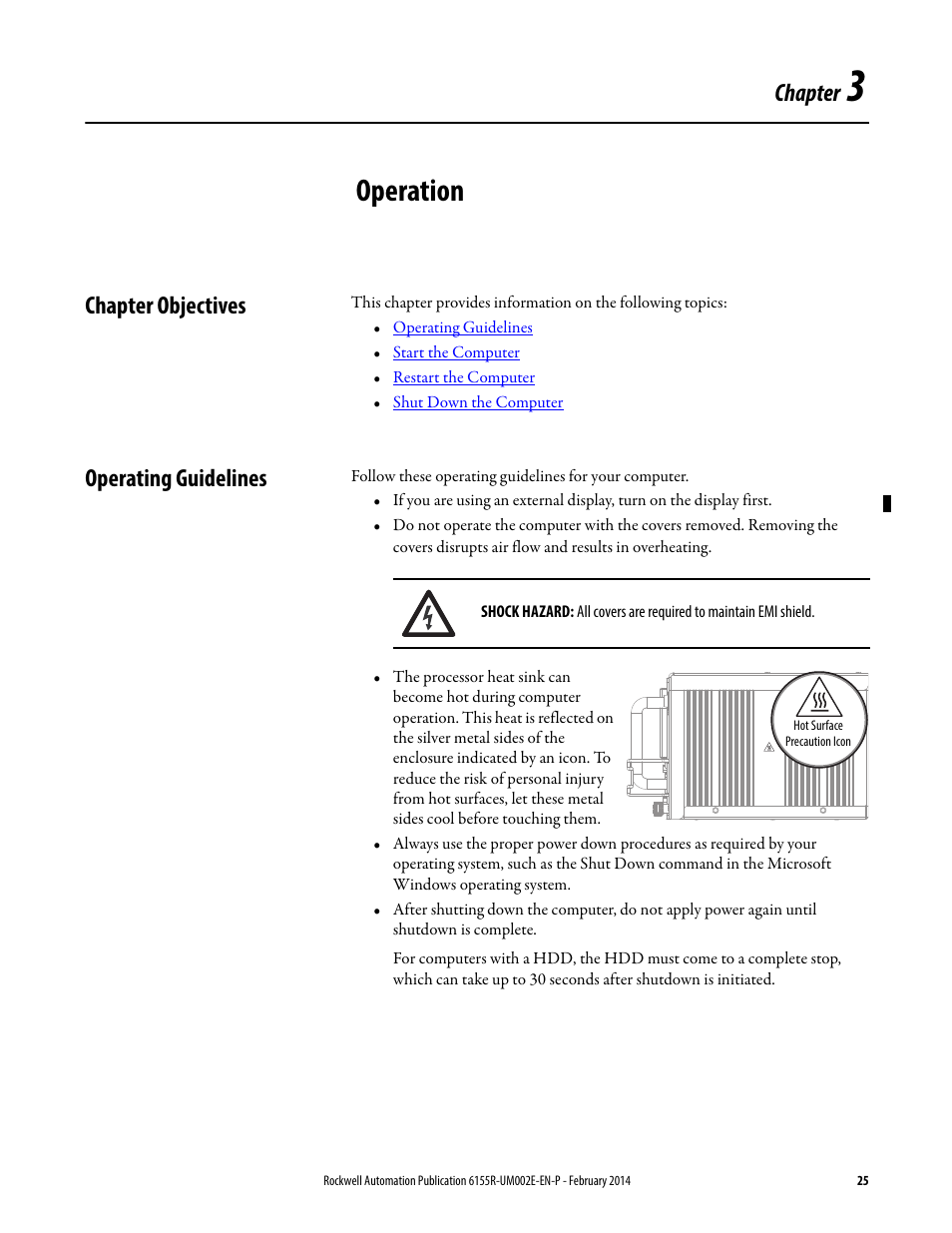 3 - operation, Chapter objectives, Operating guidelines | Chapter 3, Operation, Chapter objectives operating guidelines, Chapter | Rockwell Automation 6155F-NPWEDC Compact Non-display Computer User Manual | Page 25 / 56