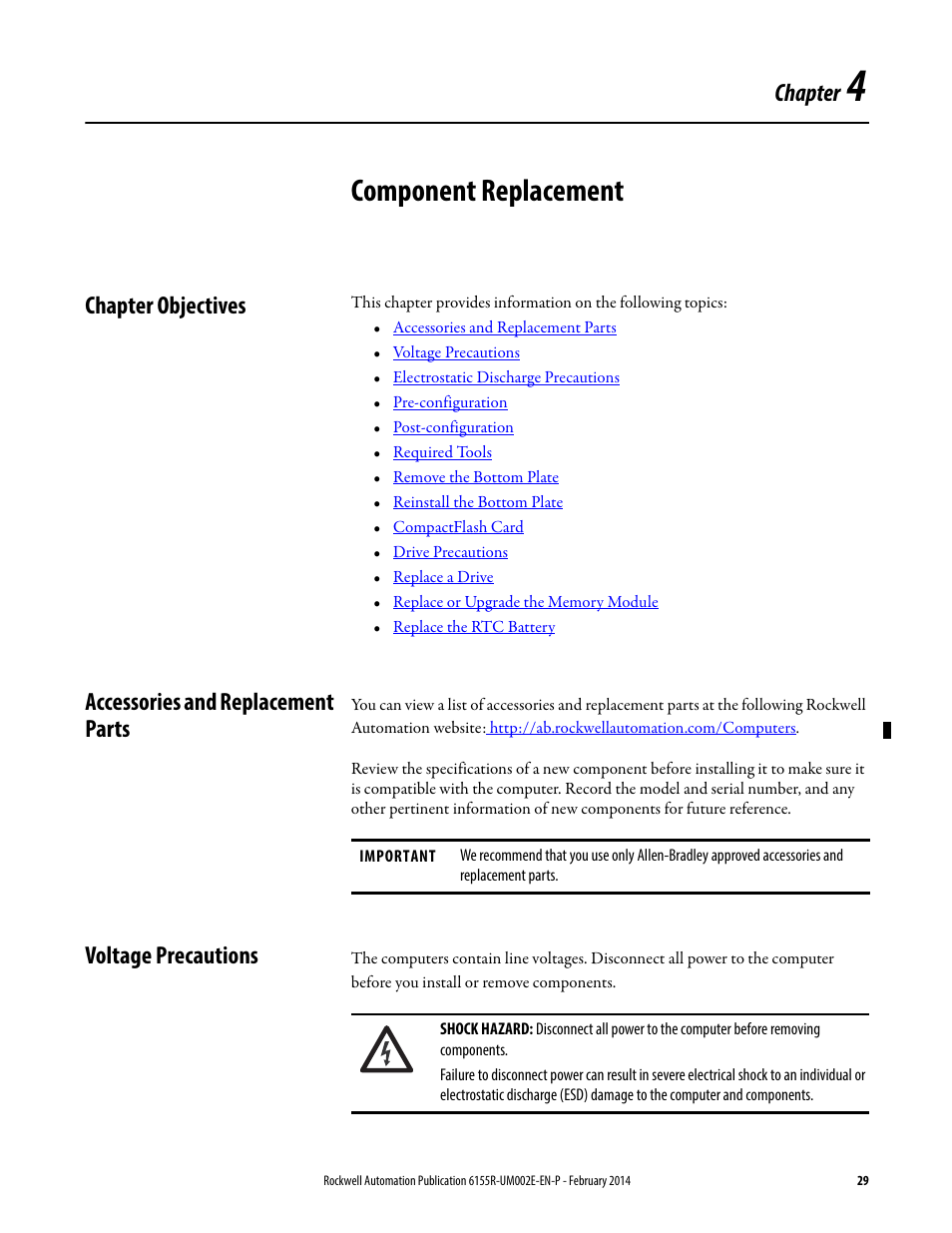 4 - component replacement, Chapter objectives, Accessories and replacement parts | Voltage precautions, Chapter 4, Component replacement, Chapter | Rockwell Automation 6155F-NPWEDC Compact Non-display Computer User Manual | Page 29 / 56