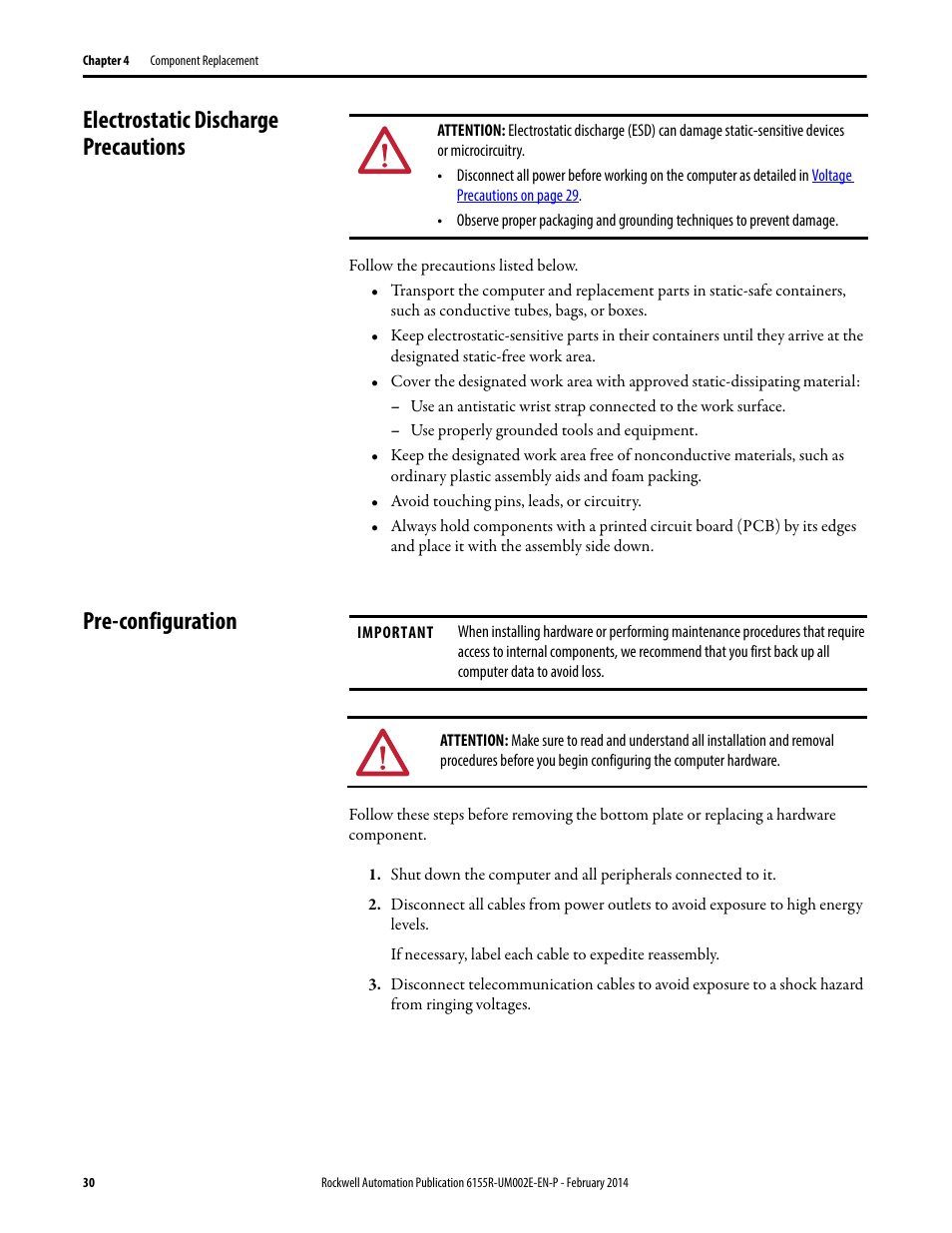 Electrostatic discharge precautions, Pre-configuration | Rockwell Automation 6155F-NPWEDC Compact Non-display Computer User Manual | Page 30 / 56