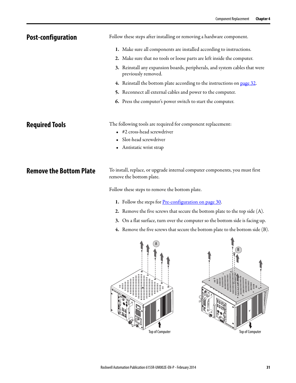 Post-configuration, Required tools, Remove the bottom plate | Rockwell Automation 6155F-NPWEDC Compact Non-display Computer User Manual | Page 31 / 56