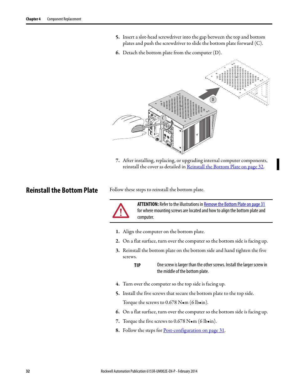 Reinstall the bottom plate | Rockwell Automation 6155F-NPWEDC Compact Non-display Computer User Manual | Page 32 / 56