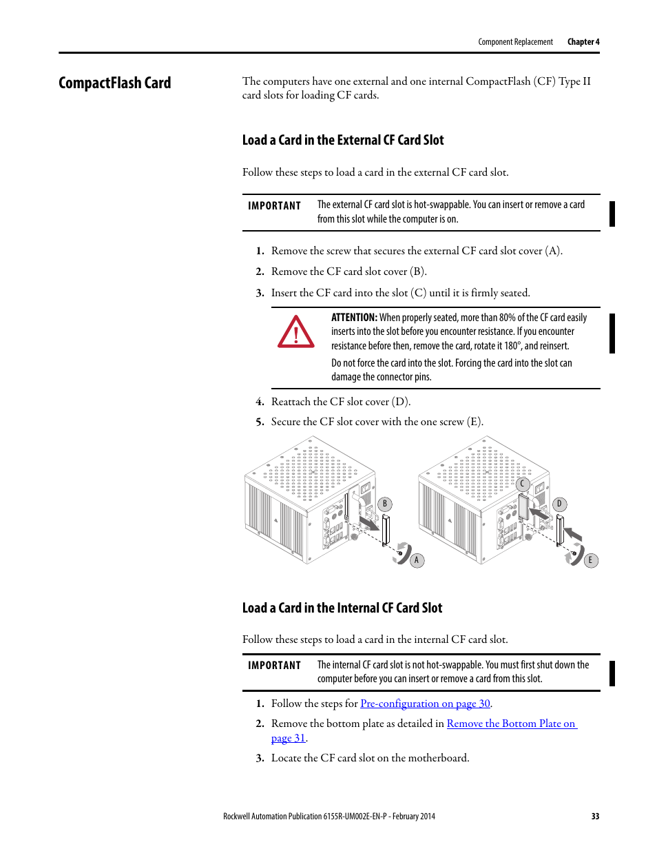 Compactflash card, Load a card in the external cf card slot, Load a card in the internal cf card slot | Rockwell Automation 6155F-NPWEDC Compact Non-display Computer User Manual | Page 33 / 56