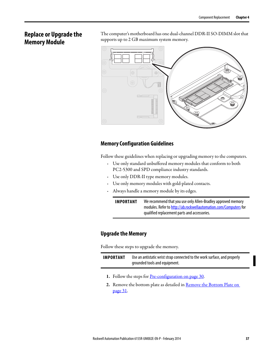 Replace or upgrade the memory module, Memory configuration guidelines, Upgrade the memory | Memory configuration guidelines upgrade the memory | Rockwell Automation 6155F-NPWEDC Compact Non-display Computer User Manual | Page 37 / 56