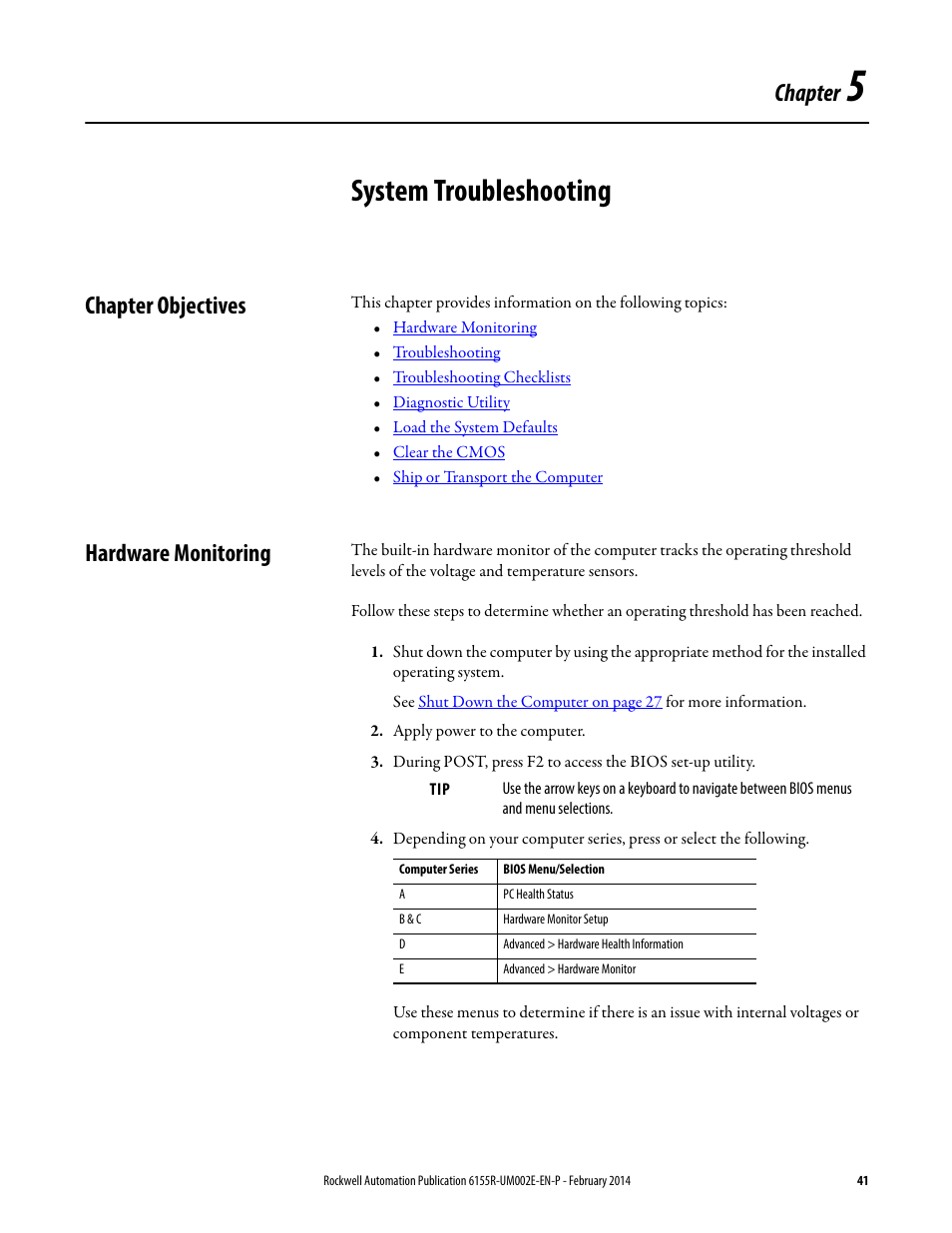 5 - system troubleshooting, Chapter objectives, Hardware monitoring | Chapter 5, System troubleshooting, Chapter objectives hardware monitoring, Chapter | Rockwell Automation 6155F-NPWEDC Compact Non-display Computer User Manual | Page 41 / 56