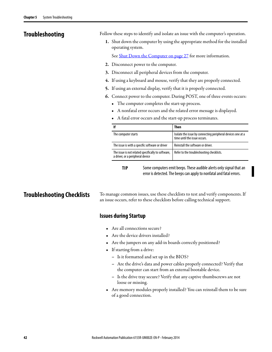 Troubleshooting, Troubleshooting checklists, Issues during startup | Troubleshooting troubleshooting checklists | Rockwell Automation 6155F-NPWEDC Compact Non-display Computer User Manual | Page 42 / 56