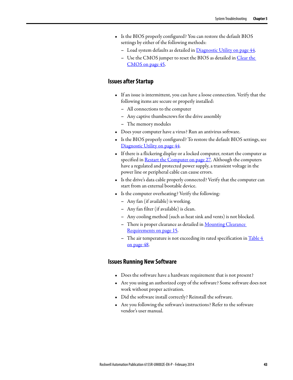 Issues after startup, Issues running new software, Issues after startup issues running new software | Rockwell Automation 6155F-NPWEDC Compact Non-display Computer User Manual | Page 43 / 56