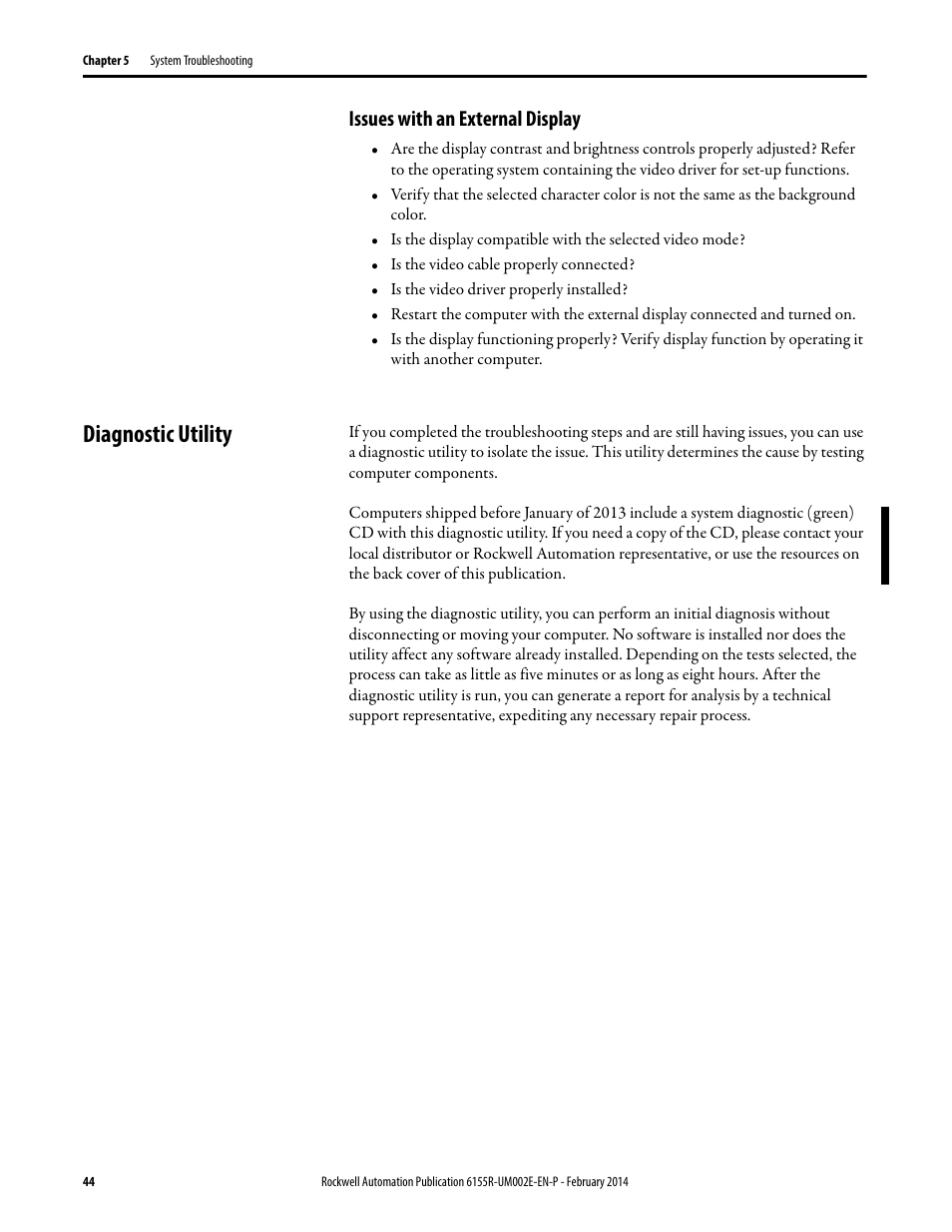 Issues with an external display, Diagnostic utility | Rockwell Automation 6155F-NPWEDC Compact Non-display Computer User Manual | Page 44 / 56